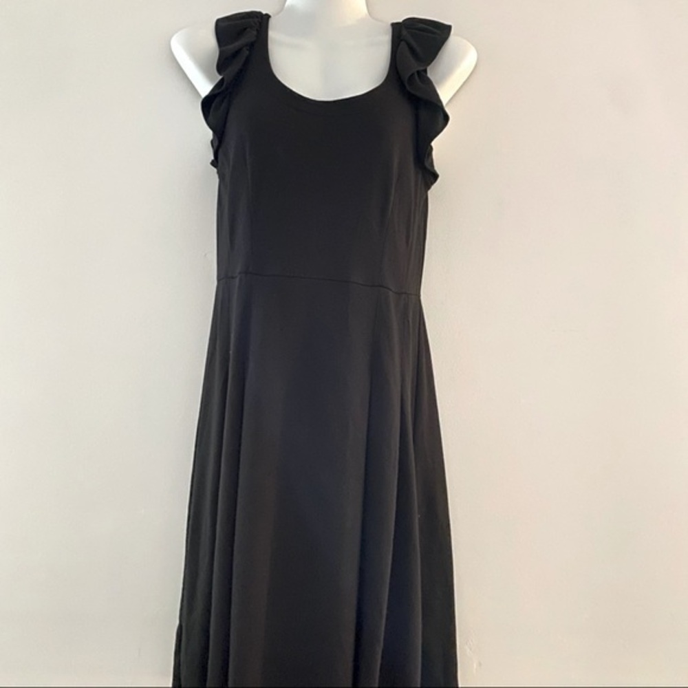 Loft Midi black dress cocktail ruffle sleeves